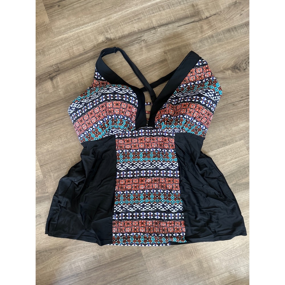 Swim by Cacique Women 20 Tankini Top Boho Geometric Print Black Orange Blue